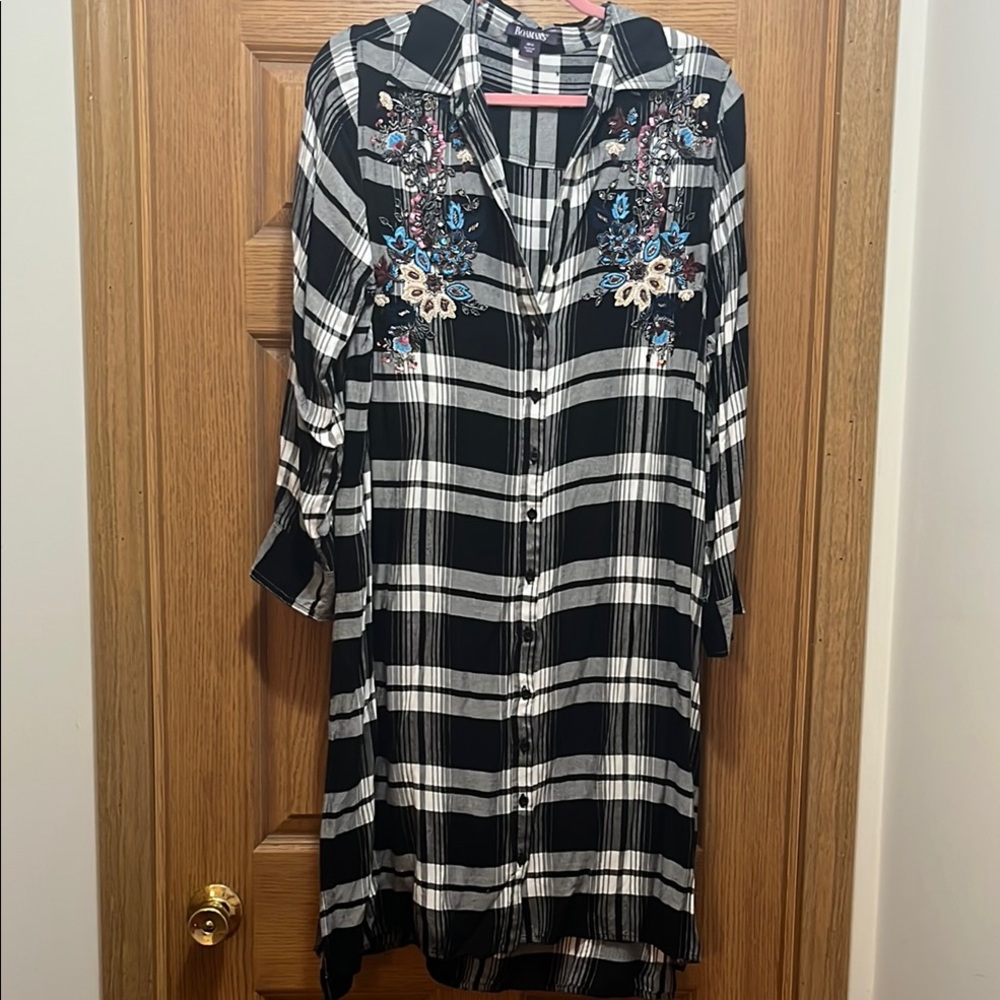 Black and White Plaid Dress with Floral Embroidery